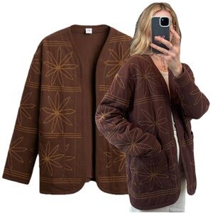 Zara Brown Oversized Knit 100% Cotton Flower Embroidered Cardigan Shacket Jacket